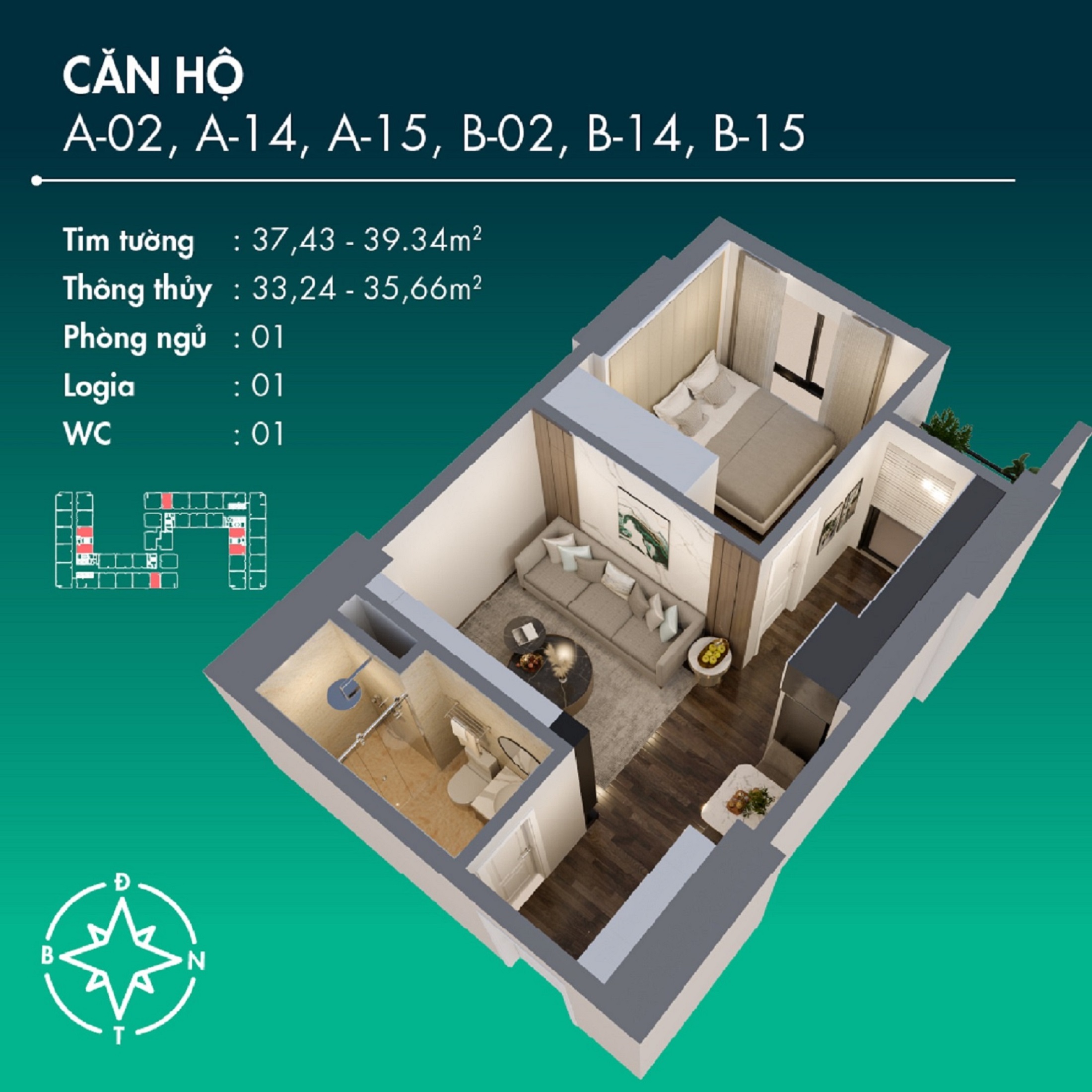 Căn hộ 1 phòng ngủ Chung Cư BenHill