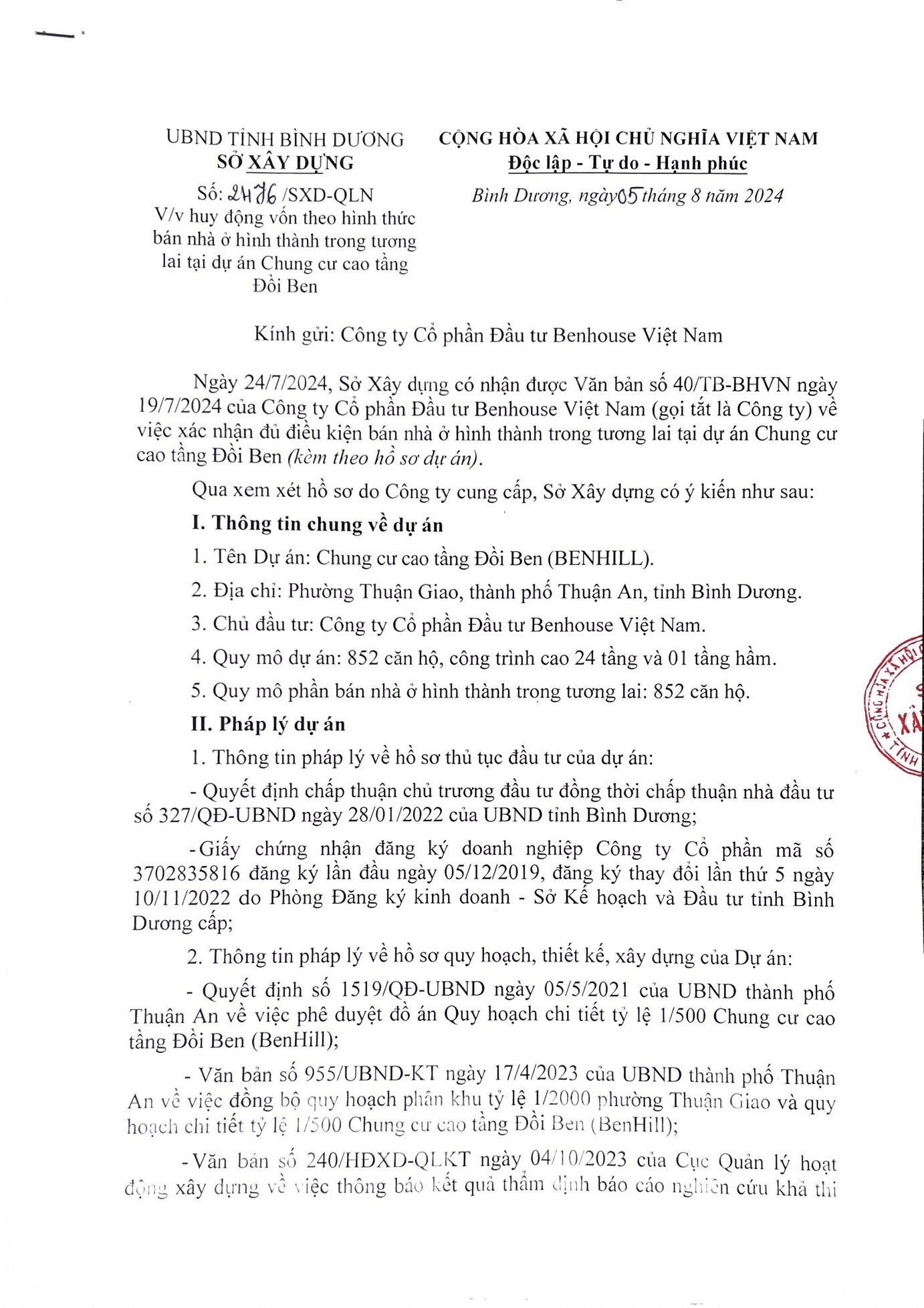 Chung Cư BenHill Giấy Phép Bán Hàng